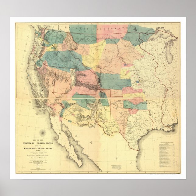 Póster Mapa 1858 da US Railroad Survey (Frente)