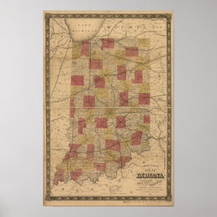 Póster Mapa 1858 de Indiana que descreve os trilhos e os