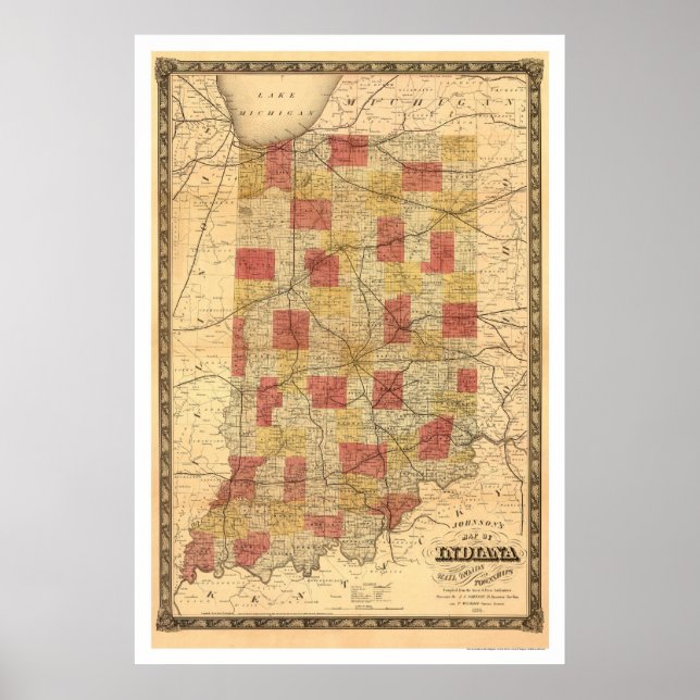 Poster Mapa 1858 dos Caminhos de Ferro de Indiana (Frente)