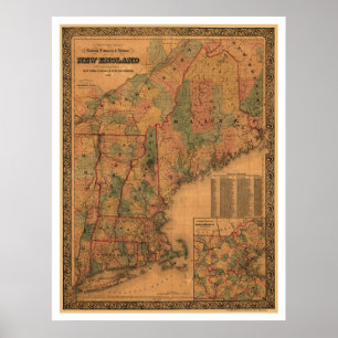 Póster Mapa 1861 da estrada de ferro de Nova Inglaterra