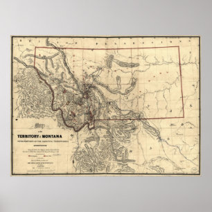 Póster mapa 1865 do território de Montana