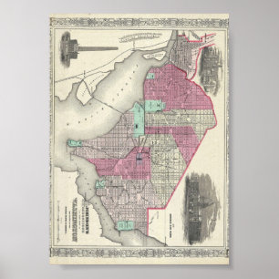 Póster Mapa 1866 de Johnson da C.C. de Washington