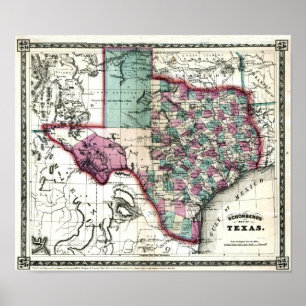Póster Mapa 1866 do Antiquarian de Texas por Schönberg &