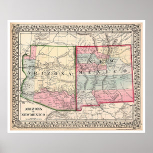 Póster Mapa 1867 de New mexico da arizona