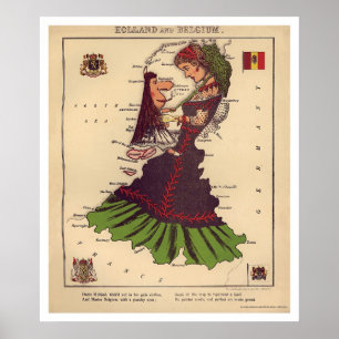 Poster Mapa 1868 da caricatura de Holland & de Bélgica