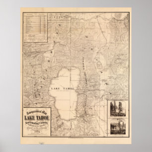 Poster Mapa 1874 da área Califórnia & Nevada de Lake