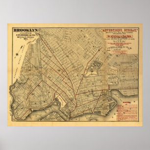 Póster Mapa 1874 do trilho de Brooklyn