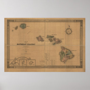 Poster Mapa 1876 de ilhas havaianas de Havaí