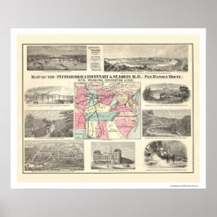 Póster Mapa 1877 da estrada de ferro de Pittsburg
