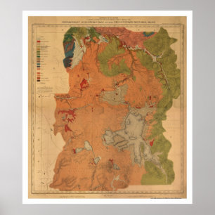 Póster Mapa 1878 do parque de Yellowstone