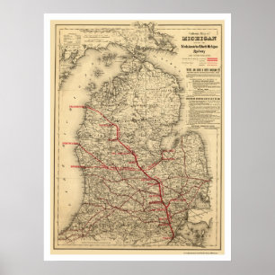 Póster Mapa 1886 do trem de estrada de ferro de Michigan