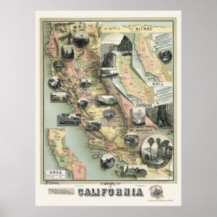Póster Mapa 1888 dos produtos de Califórnia
