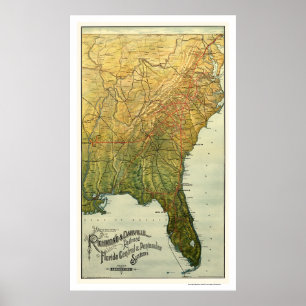 Póster Mapa 1893 da estrada de ferro de Richmond & de