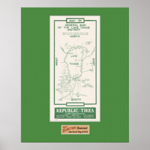 Póster Mapa 1914 de Lake Tahoe