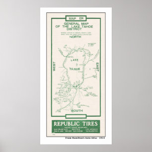 Póster Mapa 1914 de Lake Tahoe