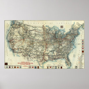 Póster Mapa 1918 geral do AAA de rotas Transcontinental