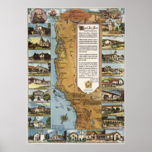 Poster Mapa 1949 das missões de Califórnia