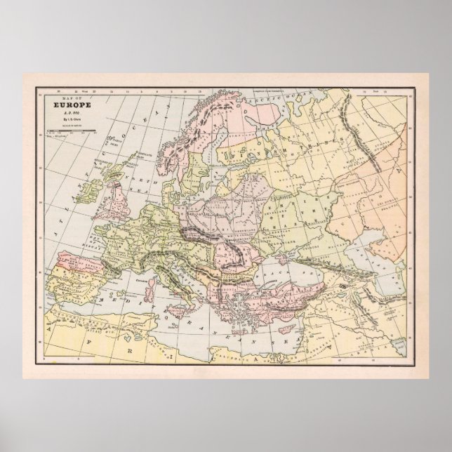 Poster Mapa AD 800 da antiga Europa (1901) (Frente)