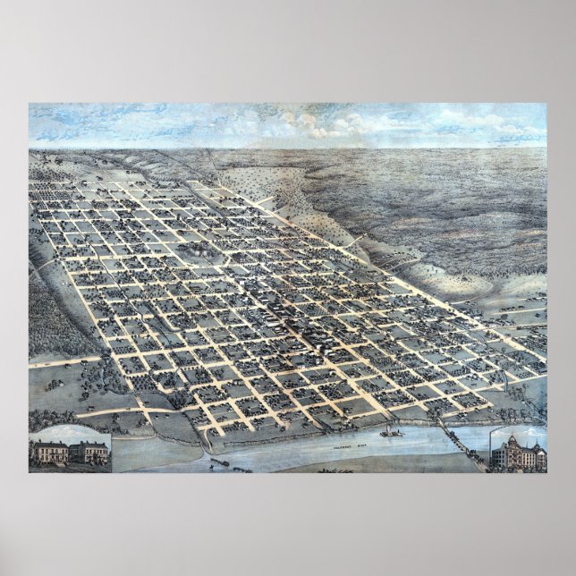 Póster Mapa Aéreo Antigo da Cidade de Austin, Texas, 1873 (Frente)