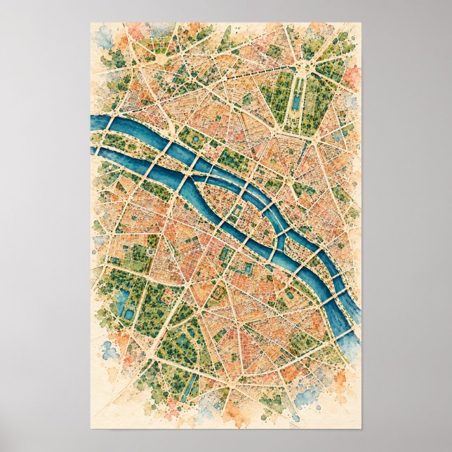 Poster Mapa Aéreo da Cidade de Paris e Arte de Parede do  (Frente)