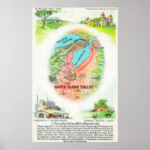 Póster Mapa aéreo de Santa Clara County com locais