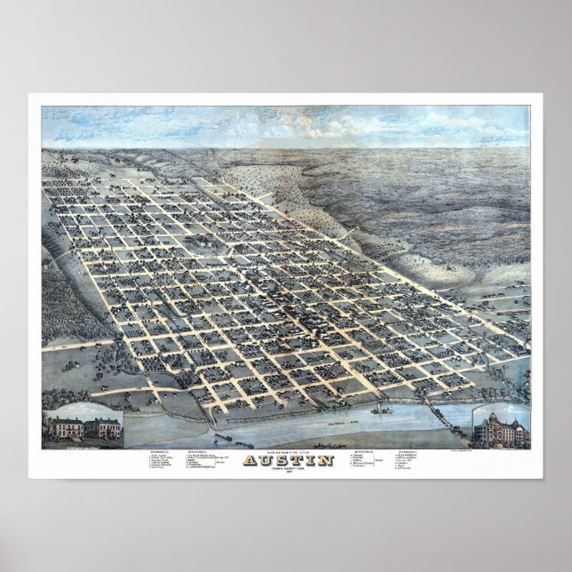 Póster Mapa aério antigo da cidade de Austin, Texas de 18 (Frente)