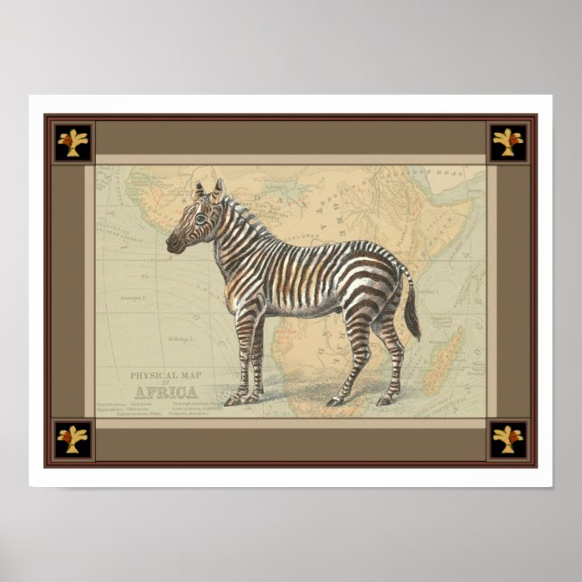 Póster Mapa africano e zebra (Frente)