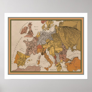 Poster Mapa alemão de Cartoons da Europa do WWI de 1914