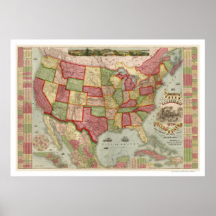 Póster Mapa americano 1872 da estrada de ferro da união