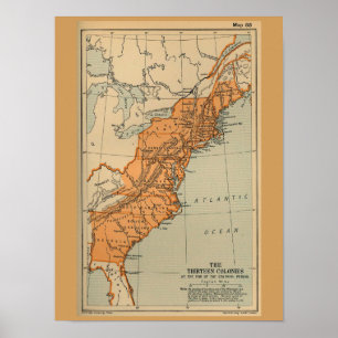 Póster Mapa americano das colônias do original 13