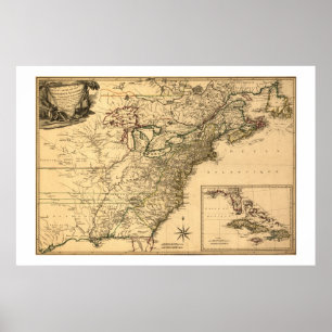 Póster Mapa americano das colônias do vintage 1777 por