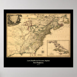 Poster Mapa americano das colônias do vintage 1777 por P