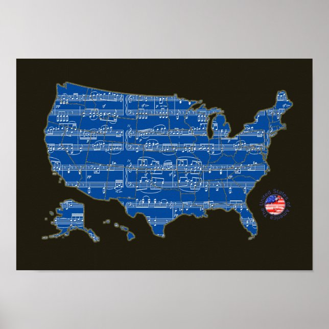Póster Mapa americano de notas de música azul (Frente)