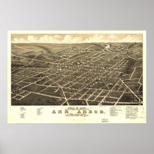 Poster Mapa Ann Arbor Michigan 1880 Panorâmico Antiquado