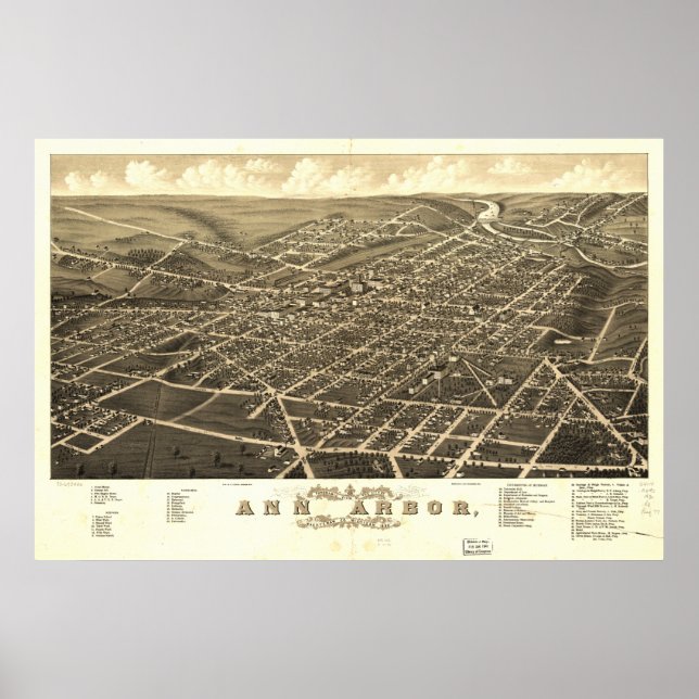 Poster Mapa Ann Arbor Michigan 1880 Panorâmico Antiquado (Frente)