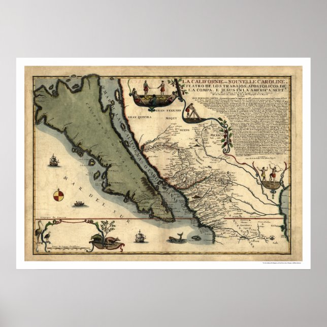 Póster Mapa antecipado da Califórnia e do México 1712 (Frente)