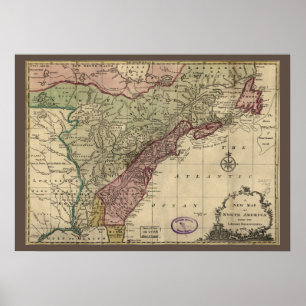 Poster Mapa antigo da América do Norte, restaurado, 1763