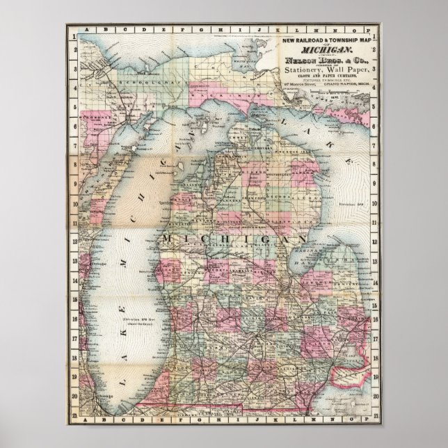 Poster Mapa Antigo da Área de Michigan 1878 (Frente)