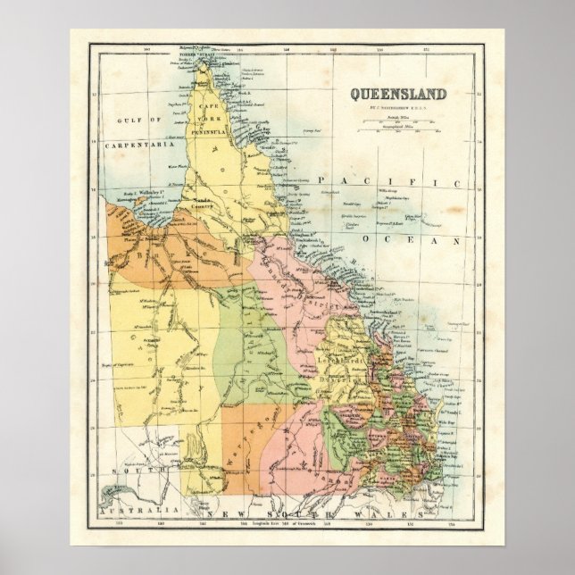 Poster Mapa antigo da Austrália de Queensland (Frente)