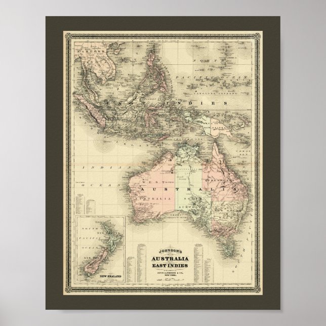 Poster Mapa Antigo da Austrália e Índias Orientais de 186 (Frente)