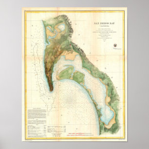 Póster Mapa antigo da Baía de San Diego Califórnia