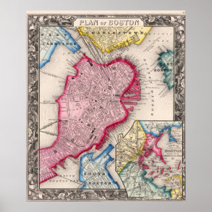 Poster Mapa Antigo da Cidade de Boston 1860