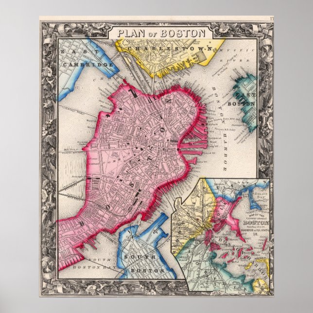 Poster Mapa Antigo da Cidade de Boston 1860 (Frente)