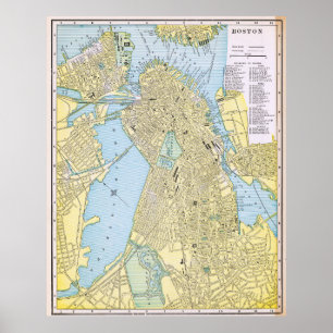 Poster Mapa Antigo da Cidade de Boston 1888