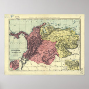 Póster Mapa antigo da Colômbia e Venezuela 1898