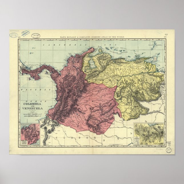 Póster Mapa antigo da Colômbia e Venezuela 1898 (Frente)