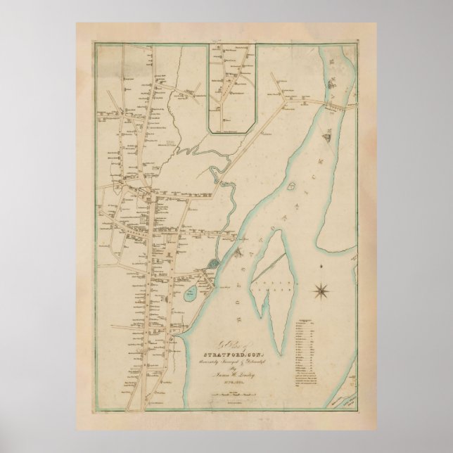 Poster Mapa antigo da CT de Stratford (1824) (Frente)