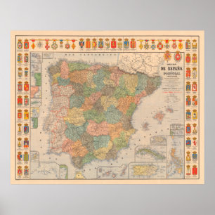 Poster Mapa antigo da Espanha (1892) da Vintage da Famíl