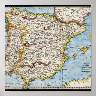 Póster Mapa antigo da espanha & do Portugal cerca de