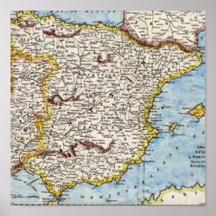 Póster Mapa antigo da espanha & do Portugal cerca de